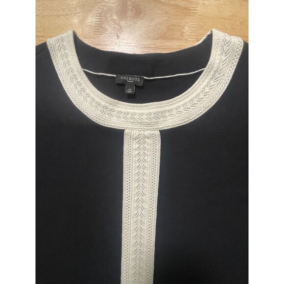 Talbots Woman 1X Black Dress Cream Trim Fit Flare Knit Midi 3/4 Sleeve - Picture 6 of 12